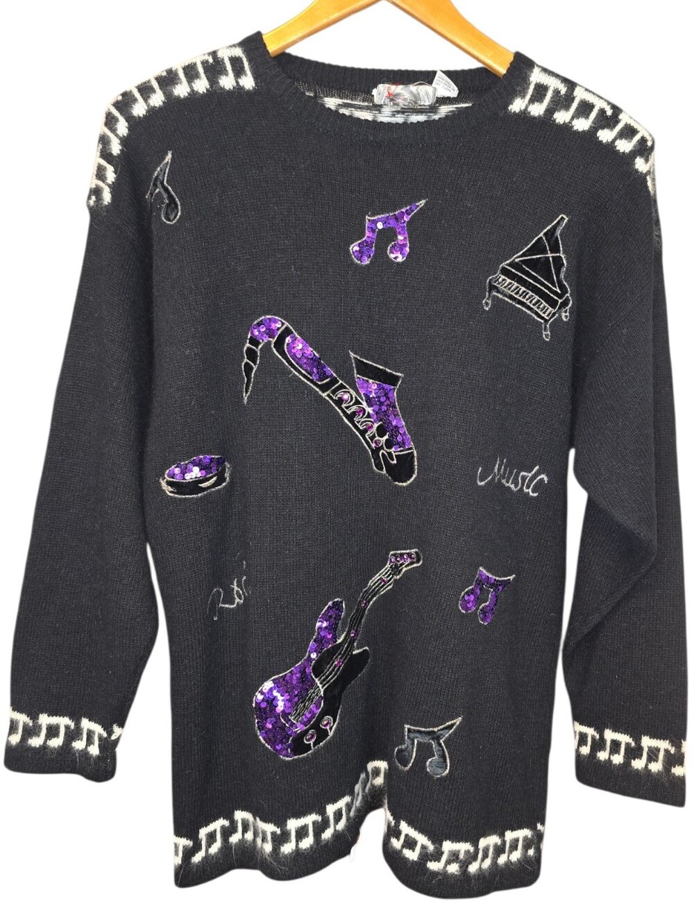 Vintage Folette Music Theme Lambswool Angora Sweater Black Purple Sequin Size M.